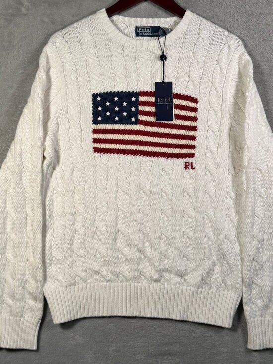 Polo Ralph Lauren Other - Polo Ralph Lauren Sweater Mens M White USA American Flag Cable Knit Cotton $428